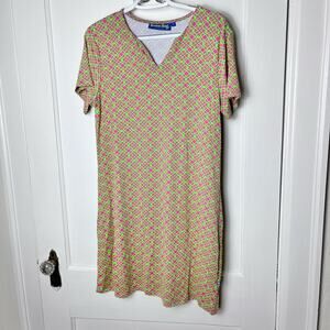 Banana Boat Women's Short Sleeve Pink Green Geometric Floral UPF 50 Dress Large